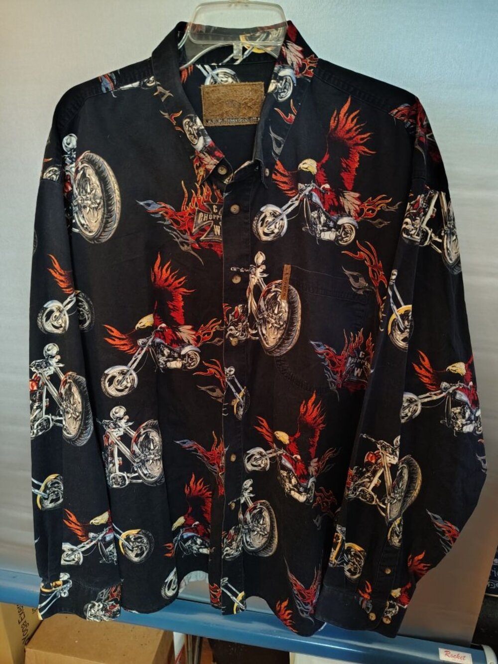 Clearwater Outfitters Mens Black Button-Up Shirt XXL Motorcycle & Flames Print C